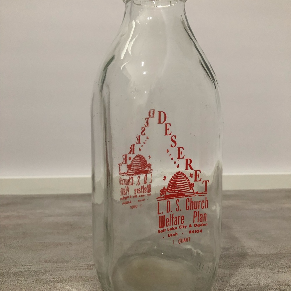 Vintage Deseret L.D.S. Church Welfare Plan milk bottle